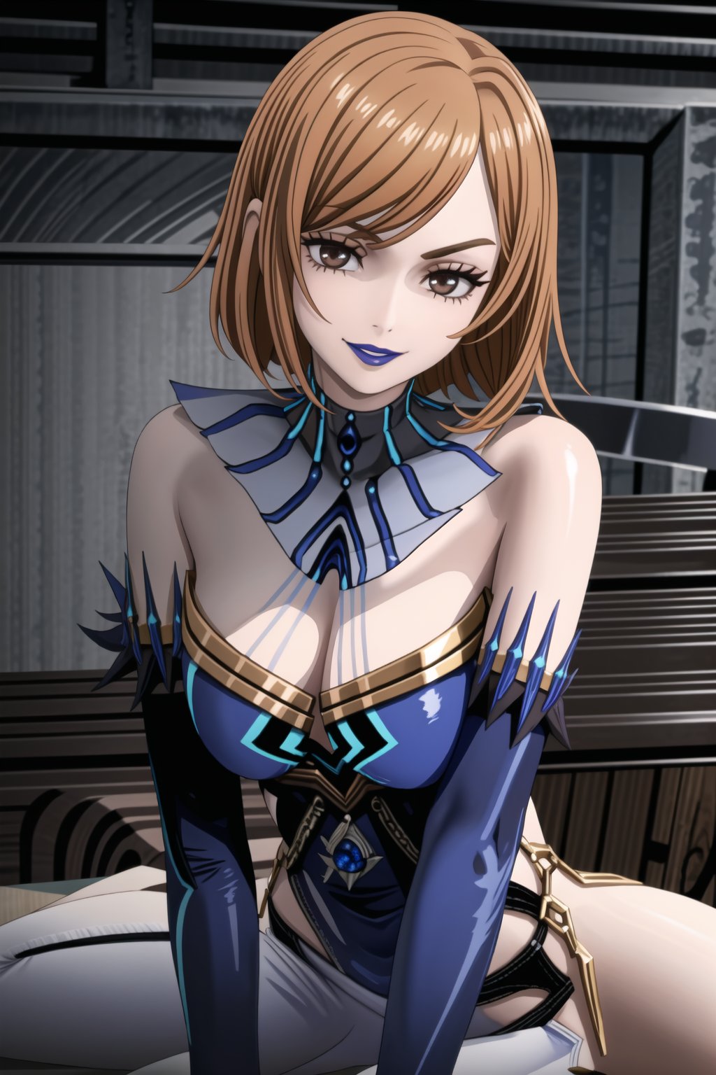 ((best quality)),  ((highly detailed)),nobara kugisaki, brown hair, orange hair, brown eyes, masterpiece, 1girl,  evil smile:1.2, smug, seductive smile, solo, ,lips, makeup, ,standing,  MirrorMaiden,dress, cleavage, makeup, lipstick, (blue lips:1.2), fur trim, blue gloves, gloves, elbow gloves, white pants,,<lora:659111690174031528:1.0>