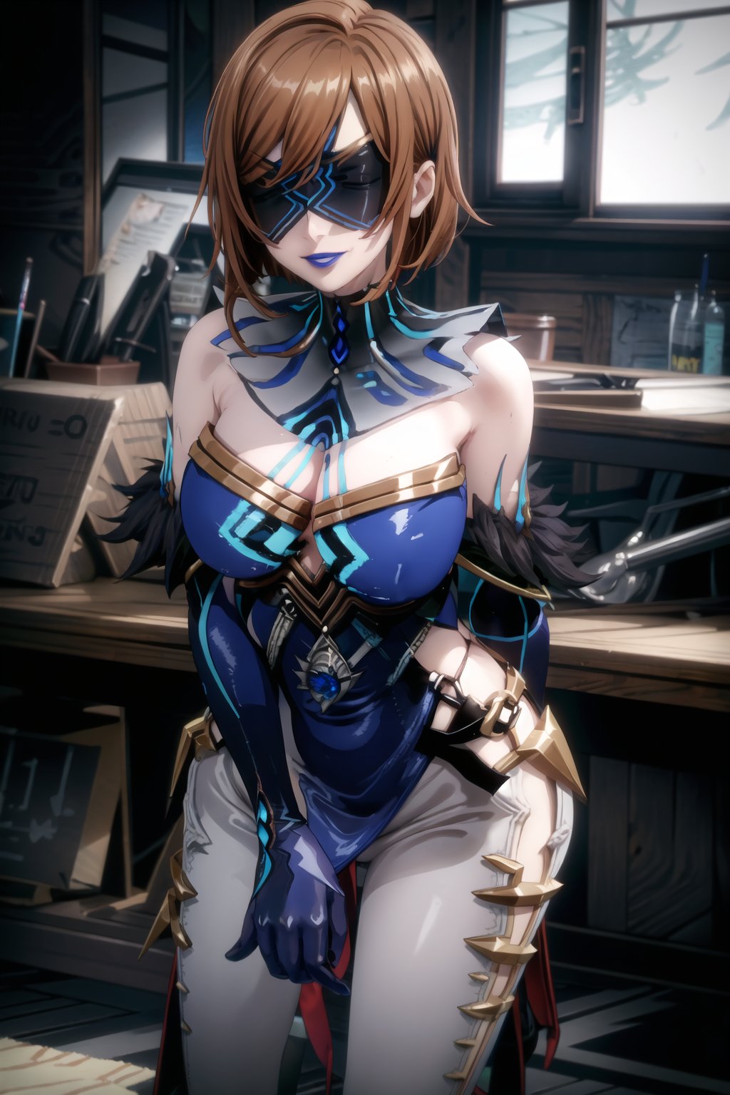 ((best quality)),  ((highly detailed)),nobara kugisaki, brown hair, orange hair, blindfold, mask, eye mask,, masterpiece, 1girl,  evil smile:1.2, smug, seductive smile, solo, ,lips, makeup, ,standing,  MirrorMaiden,dress, cleavage, makeup, lipstick, (blue lips:1.2), fur trim, blue gloves, gloves, elbow gloves, white pants,