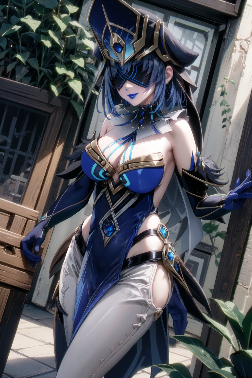 ((best quality)),  ((highly detailed)), dutch angle,(aayelan, short hair, bob cut, braid, black hair), blue headwear, hat, veil, masterpiece, 1girl,  evil smile:1.2, smug, seductive smile, solo, ,lips, makeup, ,standing,  MirrorMaiden, blindfold, mask, eye mask, dress, cleavage, makeup, lipstick, ((blue lips:1.2)), fur trim, blue gloves, gloves, elbow gloves, white pants,  ((posing)), outdoors, floating, flying