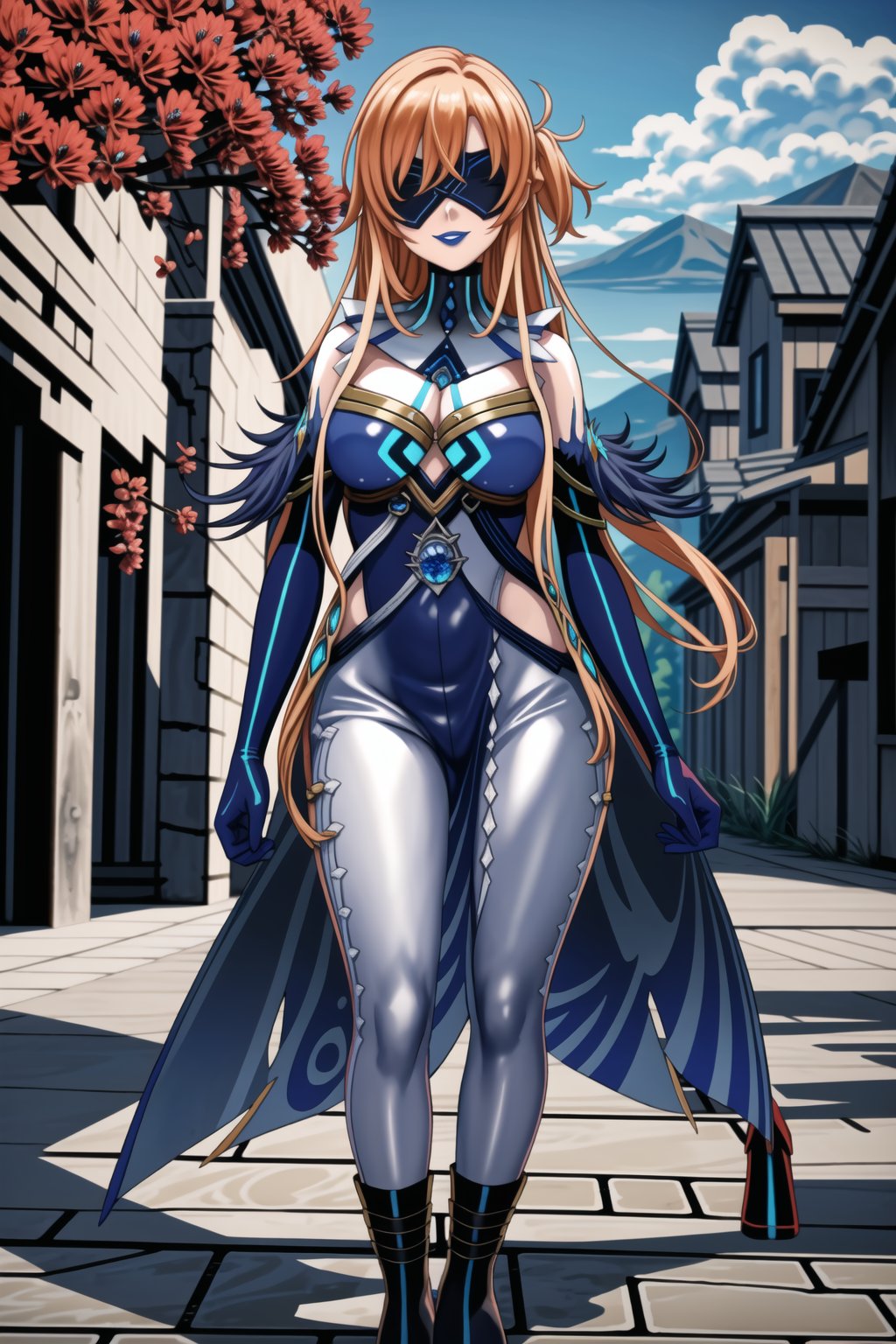 ((best quality)),  ((highly detailed)), (aaasuna, long hair, orange hair, red hair), ((straight_hair)), masterpiece, 1girl,  evil smile:1.2, smug, seductive smile, solo, ,lips, makeup, ,standing,  MirrorMaiden, blindfold, mask, eye mask, dress, cleavage, makeup, lipstick, ((blue lips:1.2)), fur trim, blue gloves, gloves, elbow gloves, white pants, boots, ((posing)), outdoors,,,,<lora:659111690174031528:1.0>