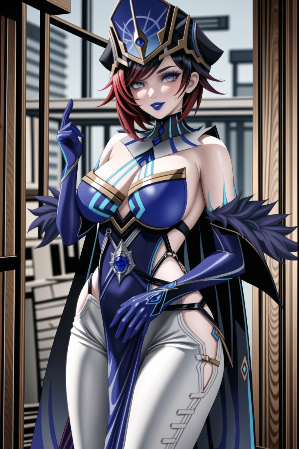 ((best quality)),  ((highly detailed)), ((ruby rose)), masterpiece, 1girl,  evil smile:1.2, smug, seductive smile, solo, ,lips, makeup, ,standing,  MirrorMaiden,dress, cleavage, makeup, lipstick, ((blue lips:1.2)), blue headwear, hat, fur trim, blue gloves, gloves, elbow gloves, white pants, posing,,,<lora:659111690174031528:1.0>
