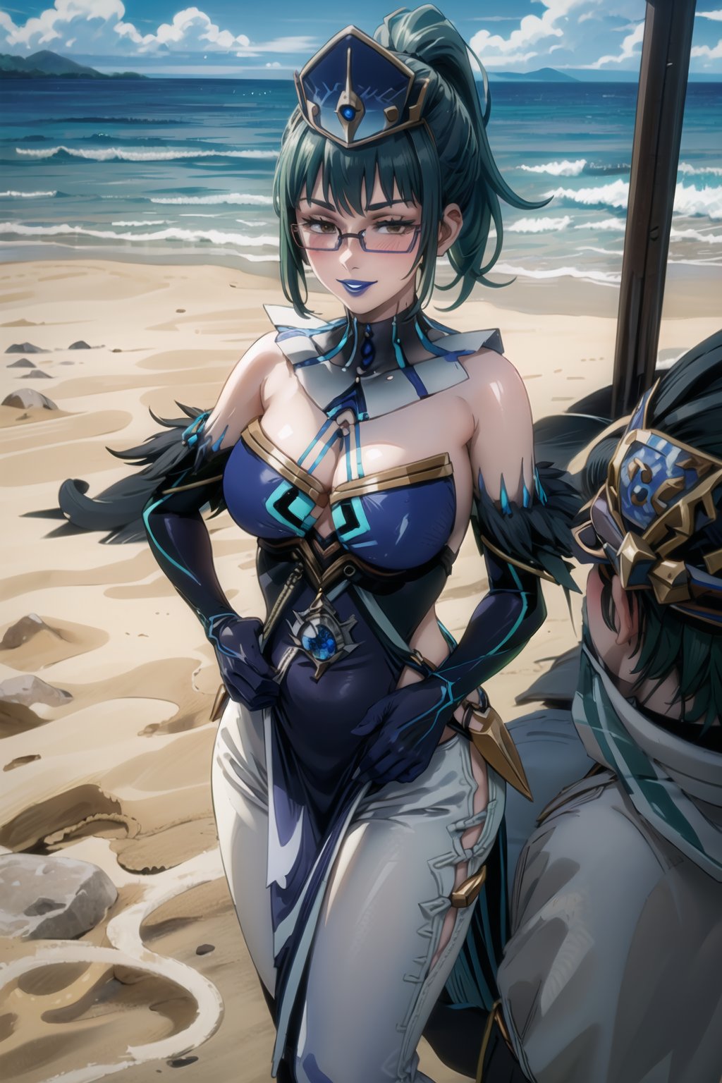((best quality)),  ((highly detailed)), (zenin_maki, green hair, brown eyes, ponytail, glasses, bangs) , masterpiece, 1girl,  evil smile:1.2, smug, seductive smile, solo, ,lips, ,standing,MirrorMaiden, dress, cleavage, lipstick, ((blue lips:1.2)), blue headwear, hat, fur trim, blue gloves, gloves, elbow gloves, white pants,boots,  blush, beach, sand, water, posing, outdoors