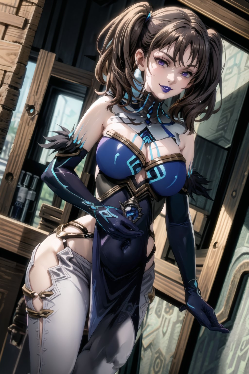 ((best quality)),  ((highly detailed)), ((dutch angle)),(diane, twintails, brown hair, purple eyes),   masterpiece, 1girl,  evil smile:1.2, smug, seductive smile, solo, ,lips, makeup, ,standing,  MirrorMaiden, dress, cleavage, lipstick, ((blue lips:1.2)), fur trim, blue gloves, gloves, elbow gloves, white pants,  ((posing)), outdoors, floating, flying,