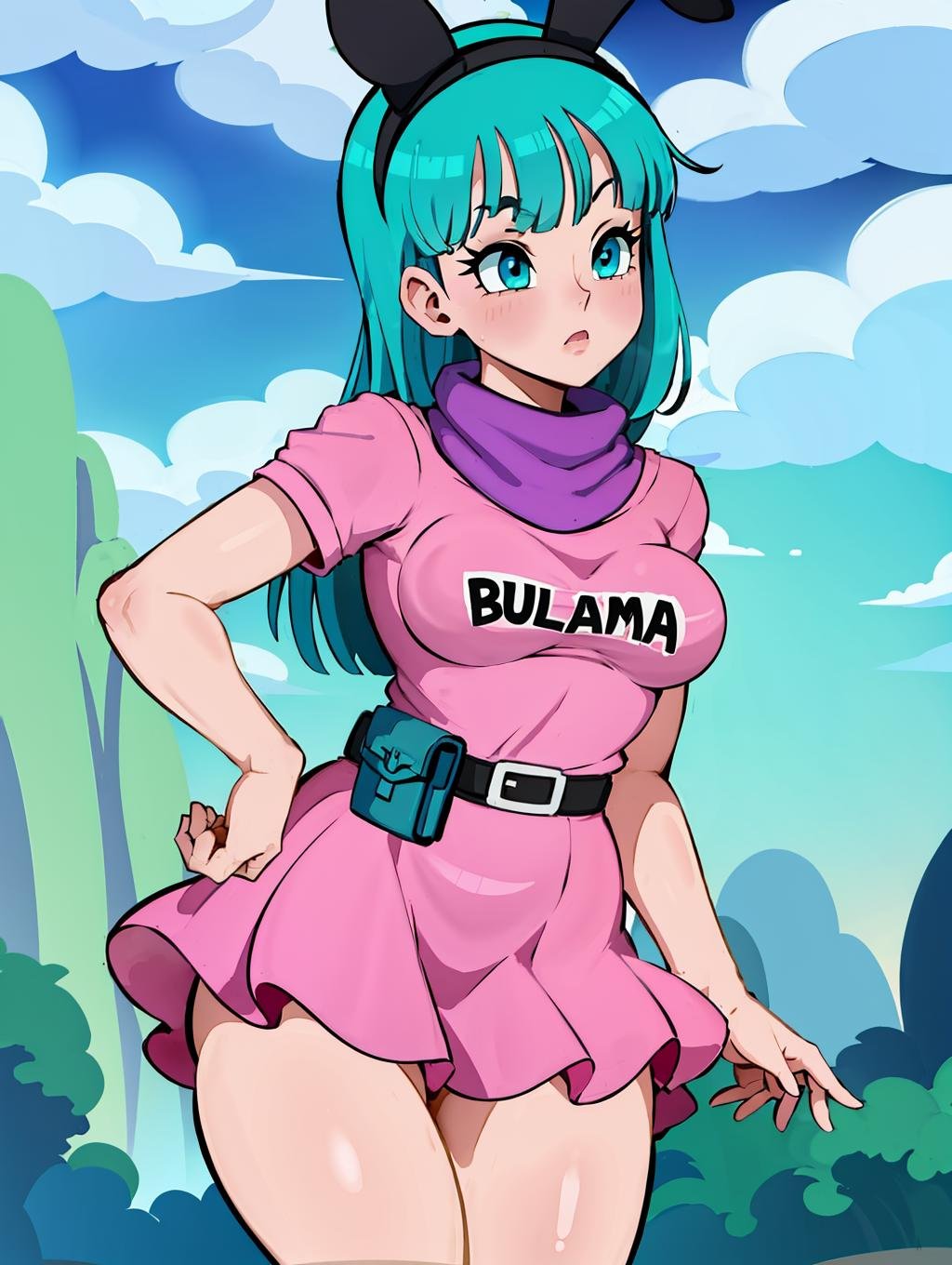 flawless, clean, masterpiece, professional artwork, famous artwork, perfect face, solo, bulma with medium breasts in a (pink minidress with (the word bulma on it)) and a belt with a fanny pack at green rocky outdoors with grass fields, <lora:bulma_v1_1:0.9>,long hair, bangs,(black rabbit ears), aqua eyes, aqua hair, purple scarf