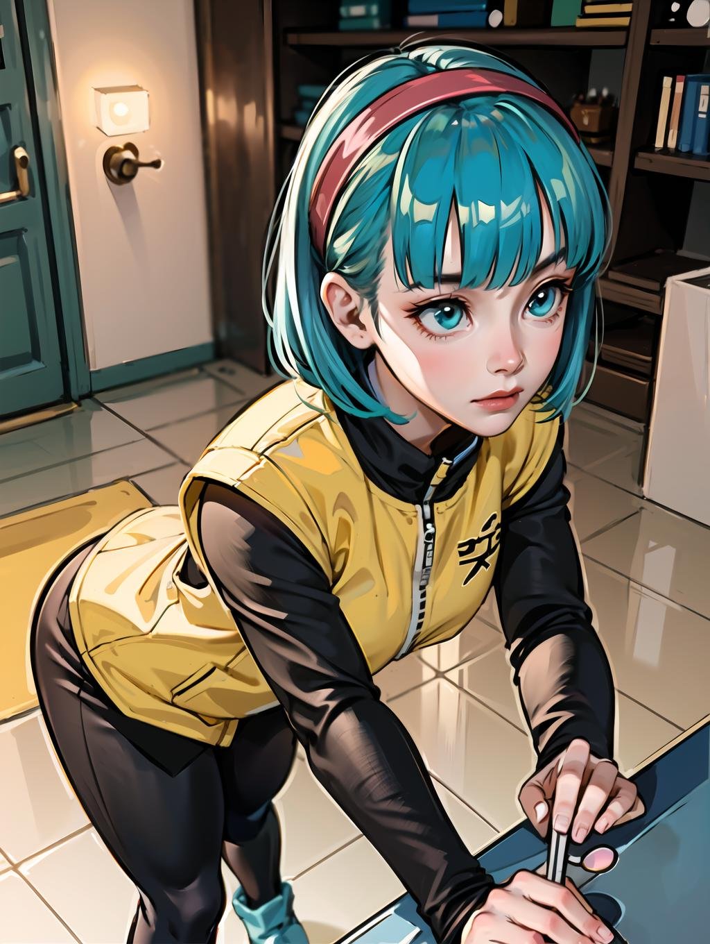 picture-perfect face, flawless, clean, masterpiece, professional artwork, famous artwork, cinematic lighting, cinematic bloom, perfect face, beautiful face, beautiful eyes, solo, bulma with medium breasts in a (short sleeved yellow jacket) and (black long sleeves and leggings) at a green valley, <lora:bulma_v1_1:0.7>,medium hair, bangs,red headband, aqua eyes, aqua hair