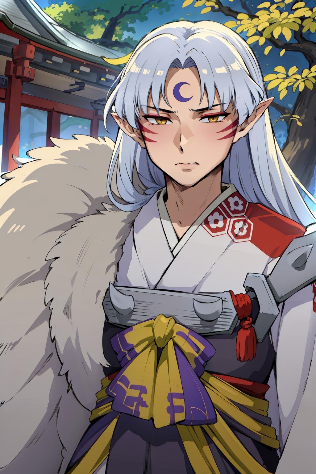 best quality, masterpiece,(a mature man)  sesshomaru,((upper body, head turned to the side)), japanese forest with a shrine in the background,daytime, standing, <lora:sesshomaru_v2:0.8>, fur trim,  fur