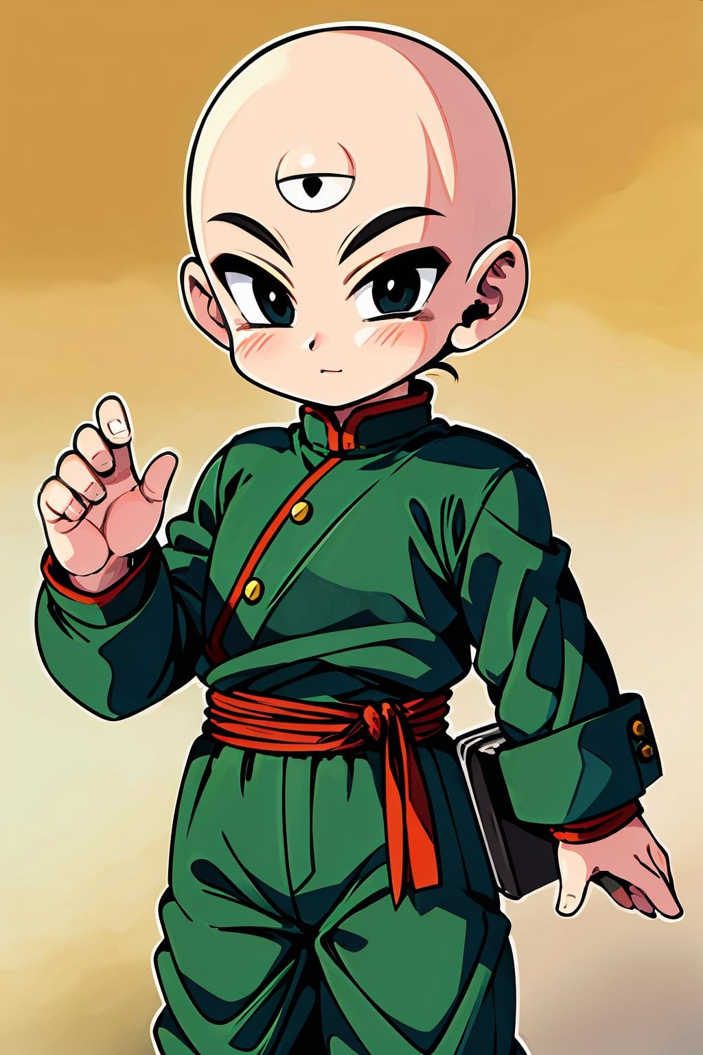 (8k, best quality, masterpiece:1.2), (finely detailed),solo, detailed illustration,intricate, a bald tien with black eyes a third eye  wearing green pants and red sash,chibi