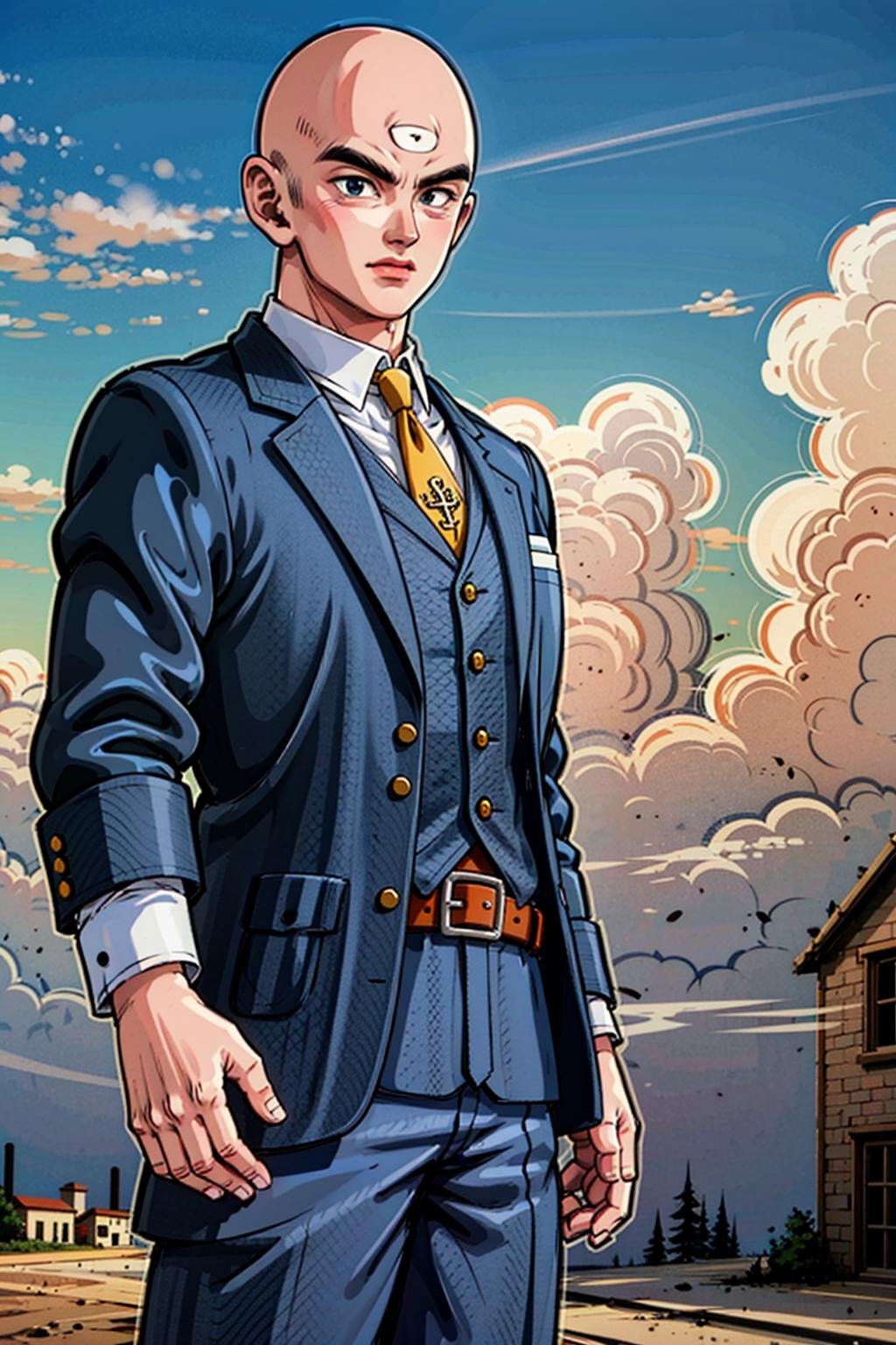 masterpiece, best quality,  solo,anime coloring, a cowboy shot of a bald boy tien with ((third eye)) and black eyes, (dark blue tweed suit, vest), white shirt, pocket watch, standing on a old england dirt road with brick buildings in the 20s, fog, smoke, dark,bald