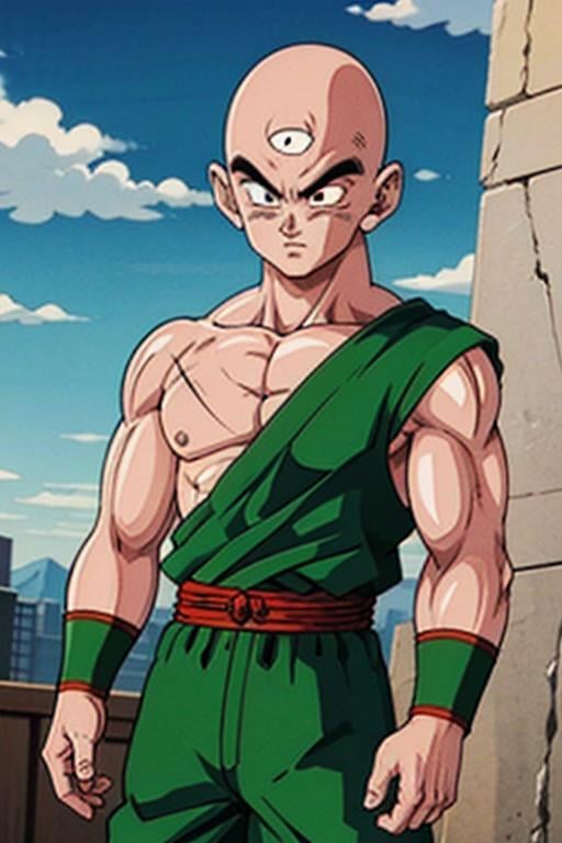 masterpiece, best quality,  solo,anime coloring, a cowboy shot of a tien with ((third eye)) and black eyes, green dougi,scar on chest,red sash, green pants, green wristbands, outdoors next to a ring,bald