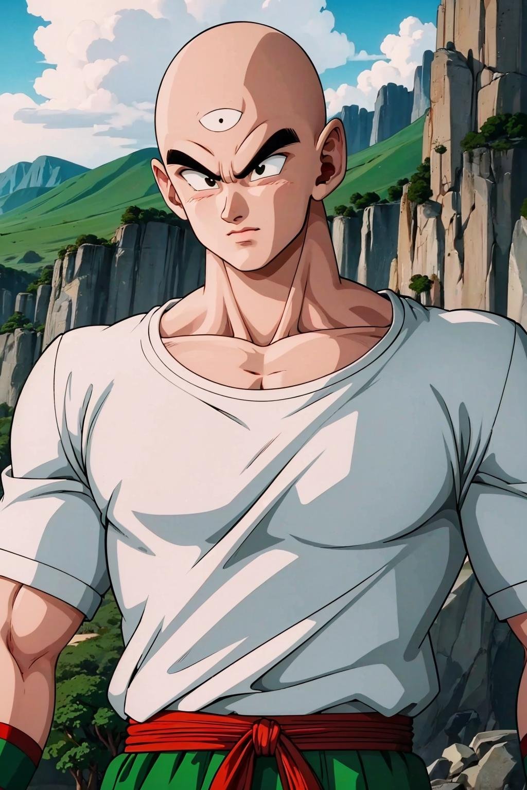 (8k, best quality, masterpiece:1.2), (finely detailed),solo, detailed illustration,intricate,,(upper body), from below, a ((bald)) tien with black eyes a third eye  wearing white t-shirt (green pants) green wristband black shoes and red sash standing, at a rocky grassfield, looking at viewer