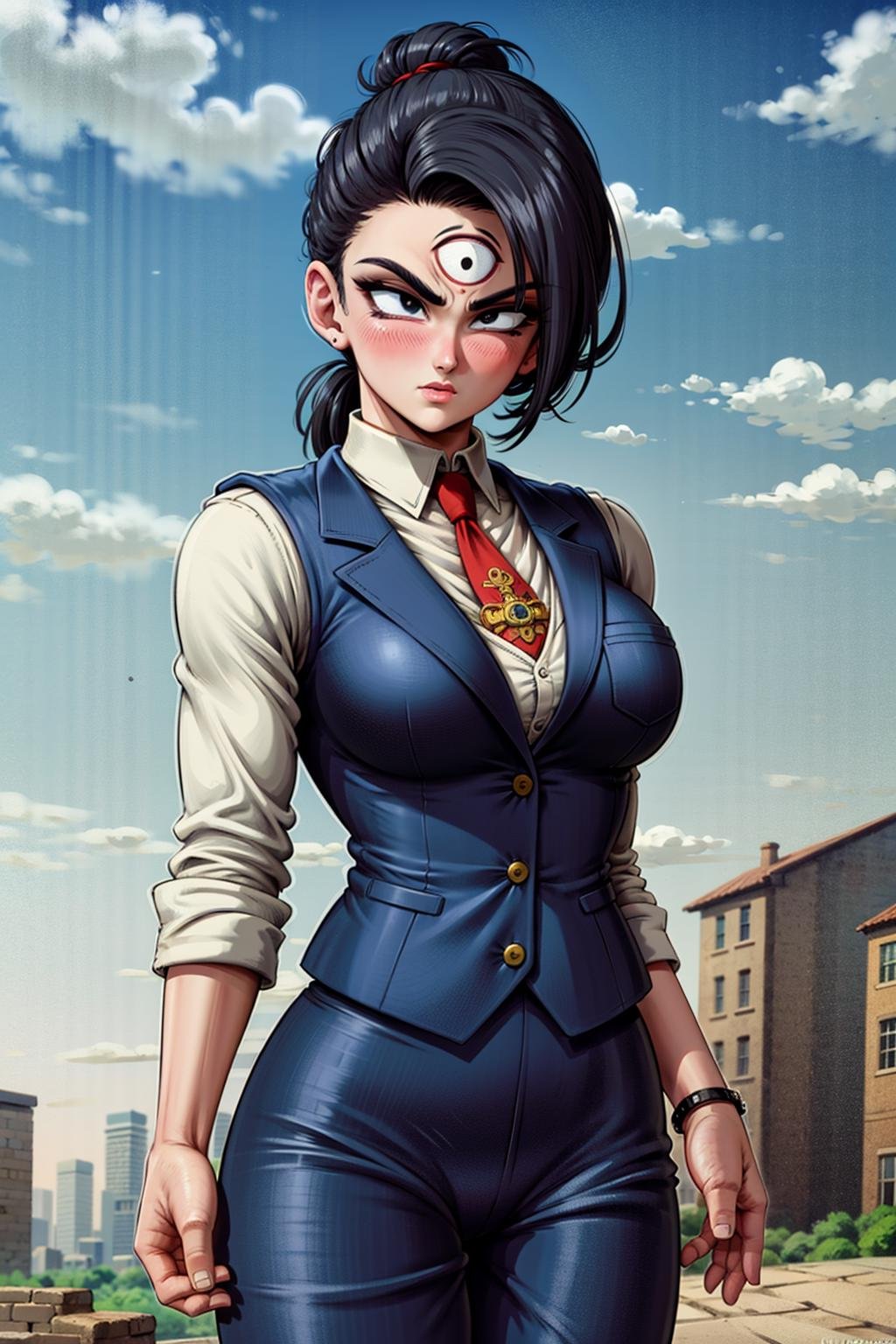 masterpiece, best quality,  solo,anime coloring,1girl,medium breasts,eyelashes, blush, a cowboy shot of a ((woman)) tien with ((third eye:1.2)) and black eyes, (dark blue tweed suit, vest), white shirt, pocket watch, standing on a old england dirt road with brick buildings in the 20s, fog, smoke, dark,bald