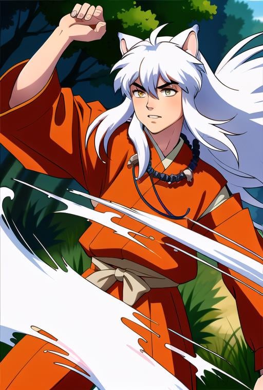 (1boy),  inuyasha, ((cowboy_shot)),running in a japanese forest,daytime,  <lora:inuyasha_v1_1:0.8>,hyper detailed intricate