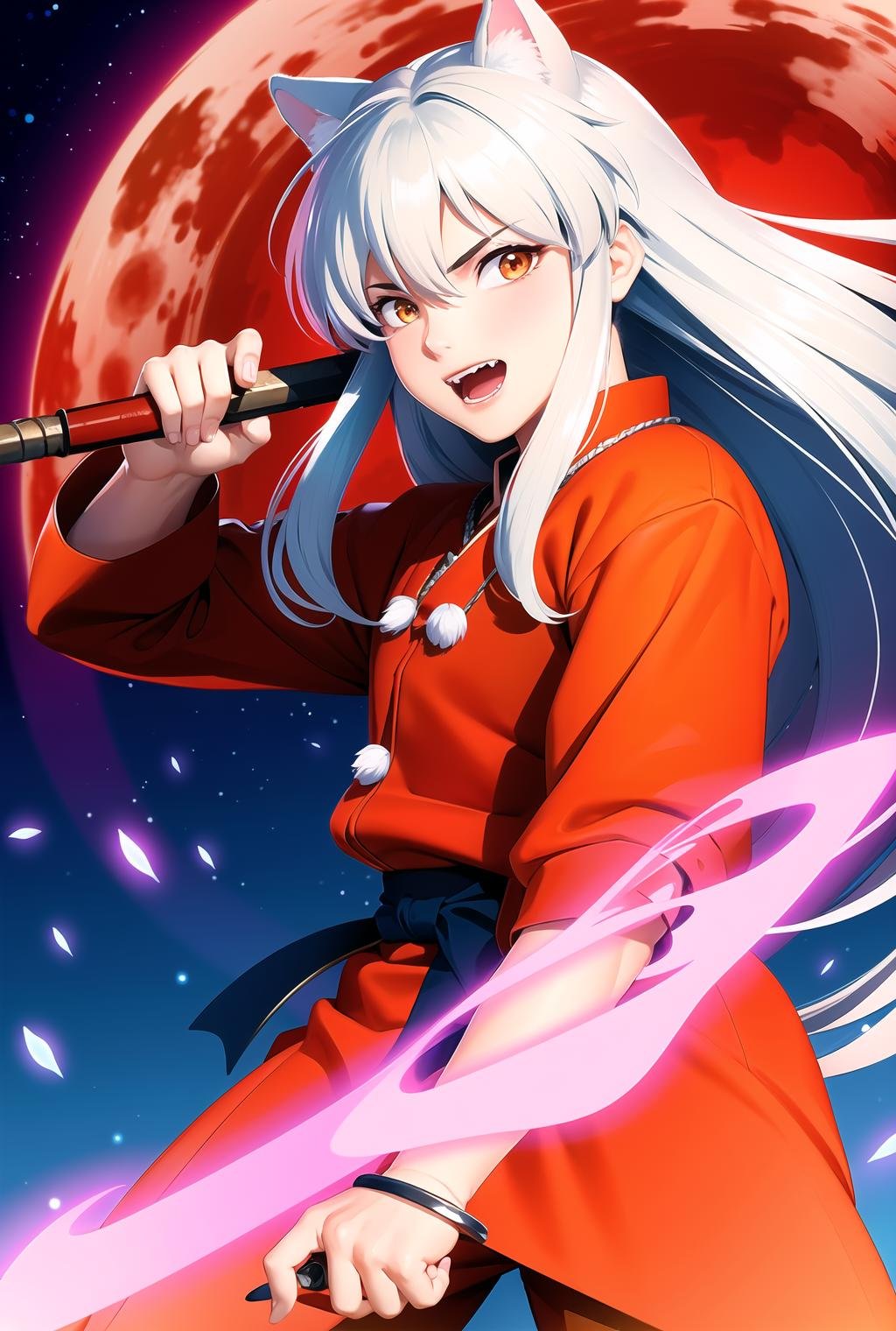 (1boy),  inuyasha, ((cowboy_shot)),battle stance with a curved sword,daytime,  <lora:inuyasha_v1_1:0.3>,hyper detailed intricate, long sleeves, fangs, red clothes, long hair