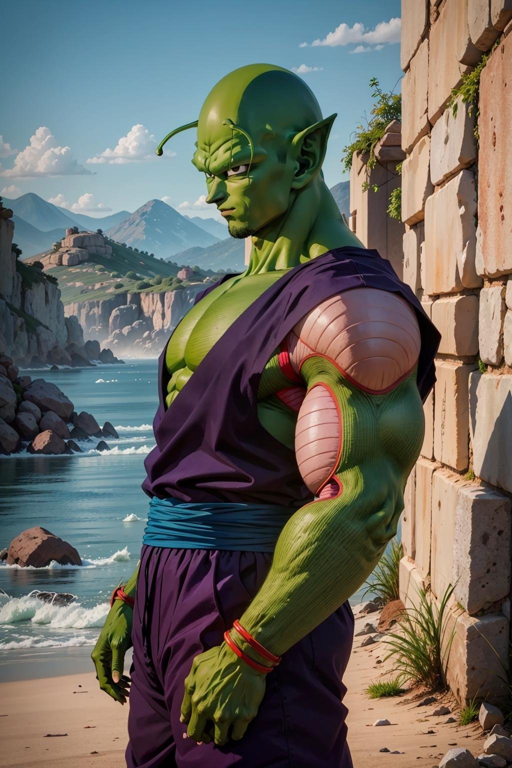 masterpiece, best quality, realistic, photorealistic, 8k,piccolo, 1boy, male focus, solo, standing, pointy ears,(purple dougi), green skin, oni horns, purple pants, closed mouth, looking at viewer, ((bald)),arms at sides,pink patches,black eyes, blue sash, rocks, grassfield