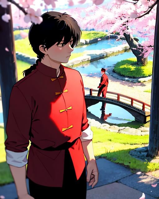 best quality, masterpiece,oyu,  <lora:ranma_v1_1:0.8>, ,cowboy_shot, (red chinese clothes), with cherry blossoms and a japanese garden in the background, (black pants)