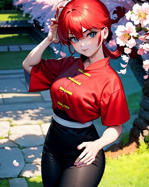 best quality, masterpiece,1girl, mizu,(medium breasts),  <lora:ranma_v1_1:0.8>, ,cowboy_shot,chinese clothes, black pants, (red hair), official style, with cherry blossoms and a japanese garden in the background, hands free