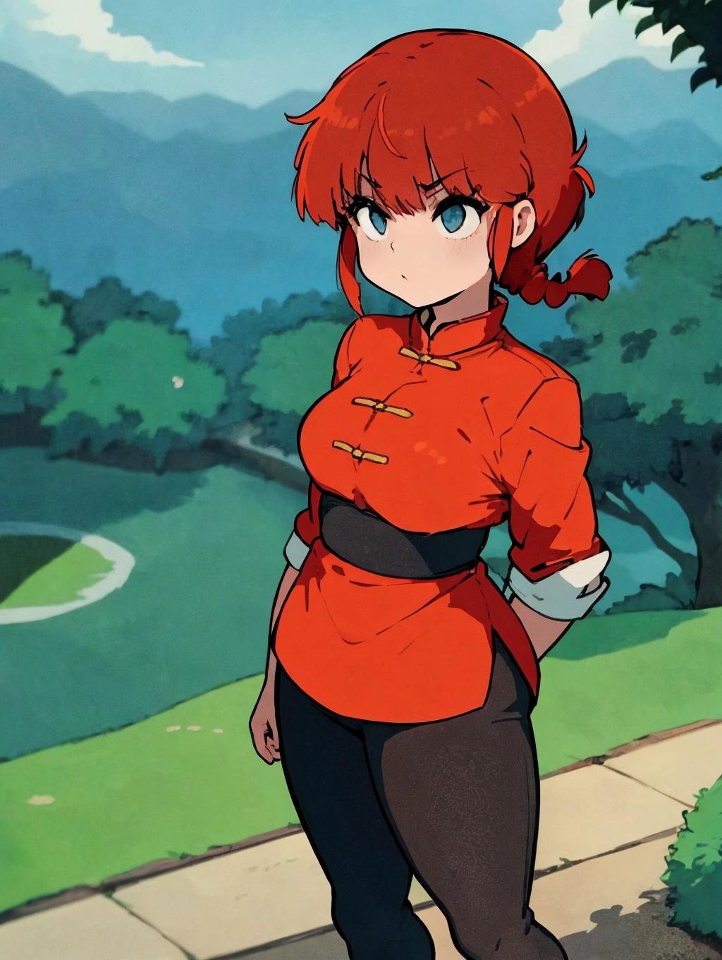 best quality, masterpiece,anime,saotomeranma,1girl, mizu, standing with a japanese garden in the background,  <lora:ranma_v1:0.8>, chinese clothes,red hair, black pants, posing