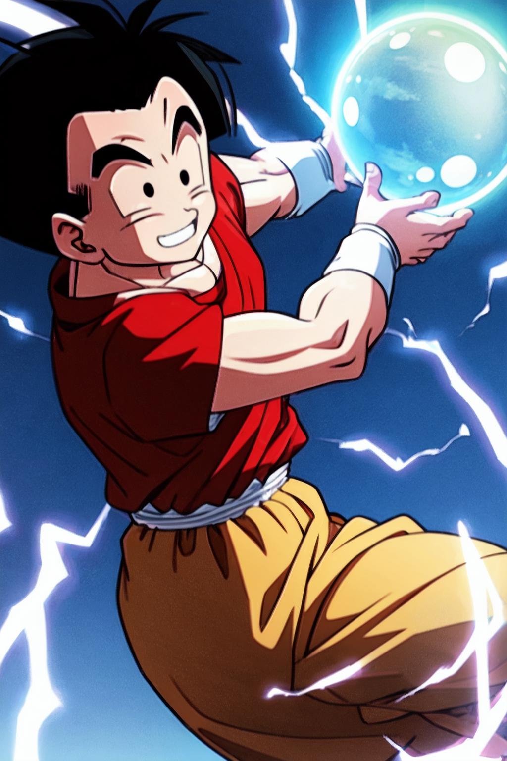 (8k, best quality, masterpiece:1.2), (finely detailed),kuririn, 1boy, (black hair:1.2), male focus, solo, kamehameha <lora:Kamehameha_V1-10:0.5>,charging,rocky grassfields,energy ball,from side,looking at viewer, smile, red t-shirt, white wristband, black eyes, grin, no nose, light brown sweatpants, white ribbon, no sclera, (medium hair)