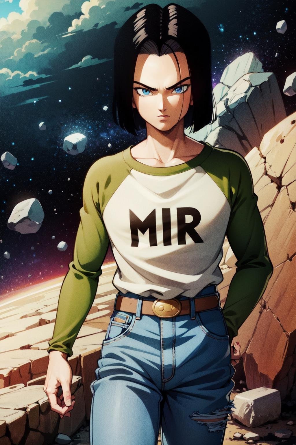 (best quality, masterpiece:1.2), (finely detailed)1boy,,solo, detailed illustration,intricate,android 17,blue eyes, white shirt with the word mir, green raglan sleeves, jeans, yellow belt,clothes writing ,black hair,short hair, parted hair, cowboy shot,rocks, space, dark clouds