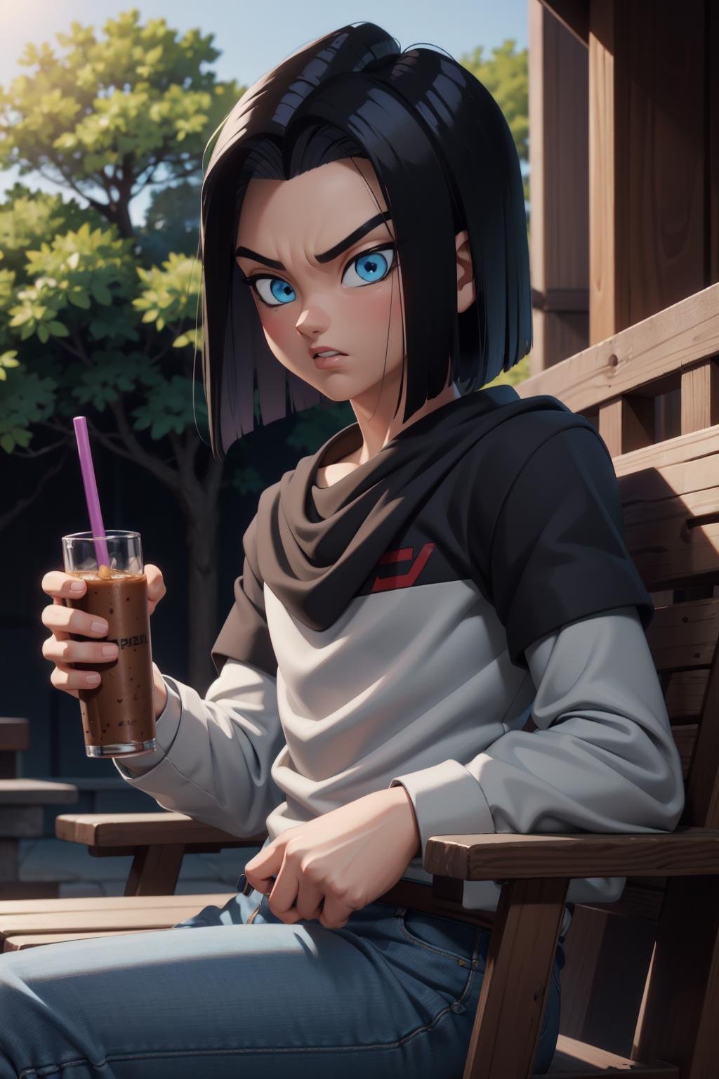 (8k, best quality, masterpiece:1.2), (finely detailed),solo, android 17,sitting,1boy,drinking, straw, can, tree,blue eyes, black hair,parted lips