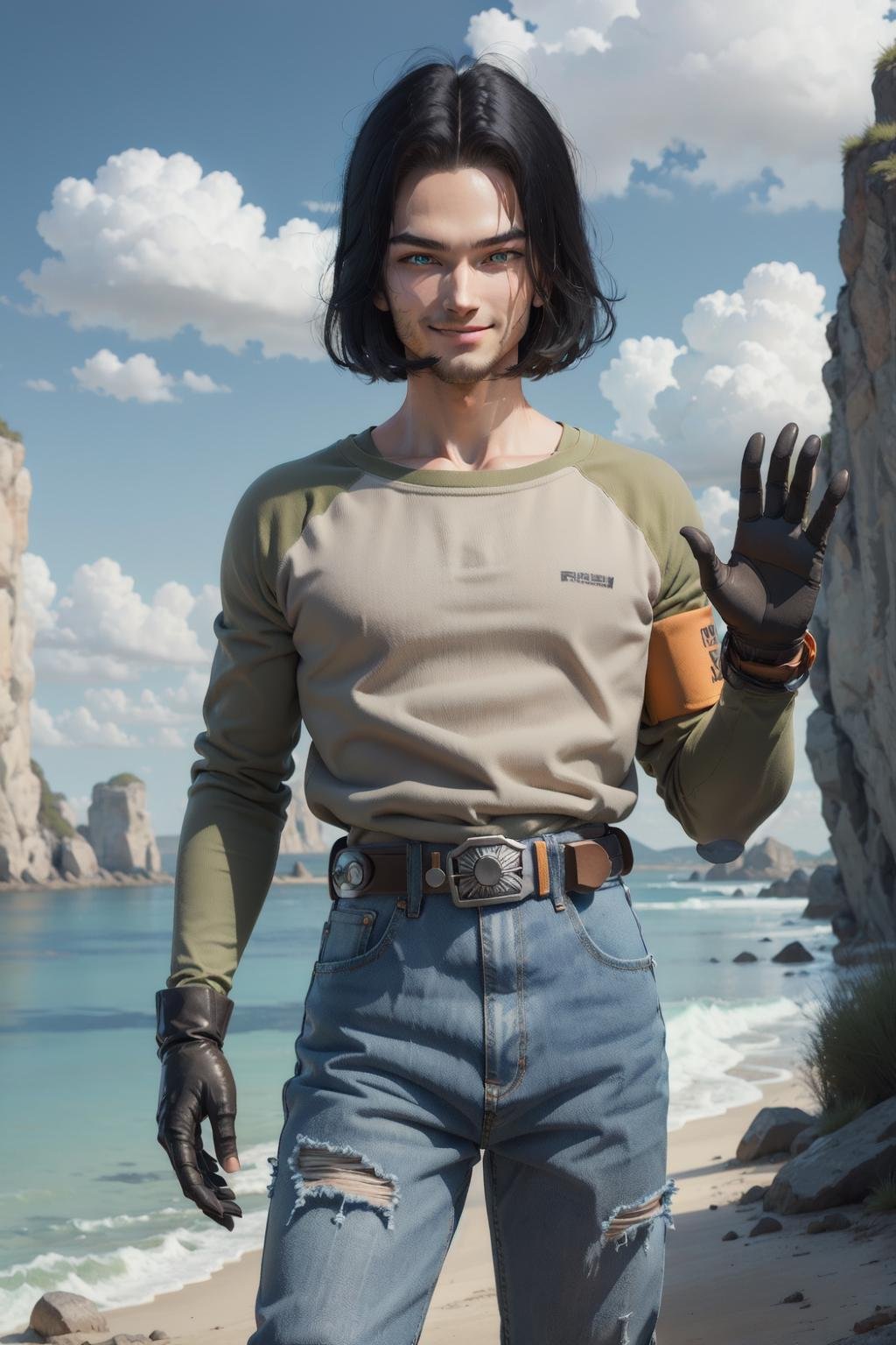 best quality, masterpiece, 8k,,realistic, android 17, cowboy shot, detailed, intricate,1boy, looking afar, clean, solo,  blue eyes, black hair, (black gloves:1.2,yellow belt),white shirt, green raglan sleeves, orange armband,jeans, closed mouth, male focus, standing on a cliff,sky, clouds ,(waving:1.3),  <lora:hipoly_3dcg_v7-epoch-000012:0.5> parted hair,smile