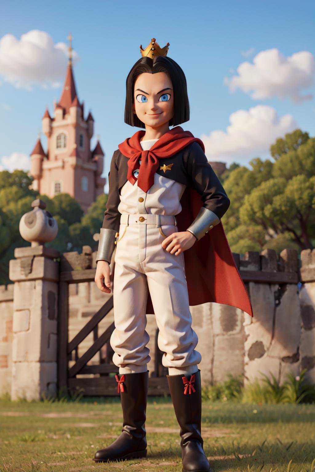 best quality, masterpiece, 8k,,realistic, android 17, full body, detailed, intricate, prince,1boy, looking afar, clean, solo,  blue eyes, black hair,(white shirt with buttons),(white pants), (crown:1.2),cape, fur trim,((black boots)), closed mouth, male focus, standing outdoors, castle on the background,sky, clouds ,parted hair,smile