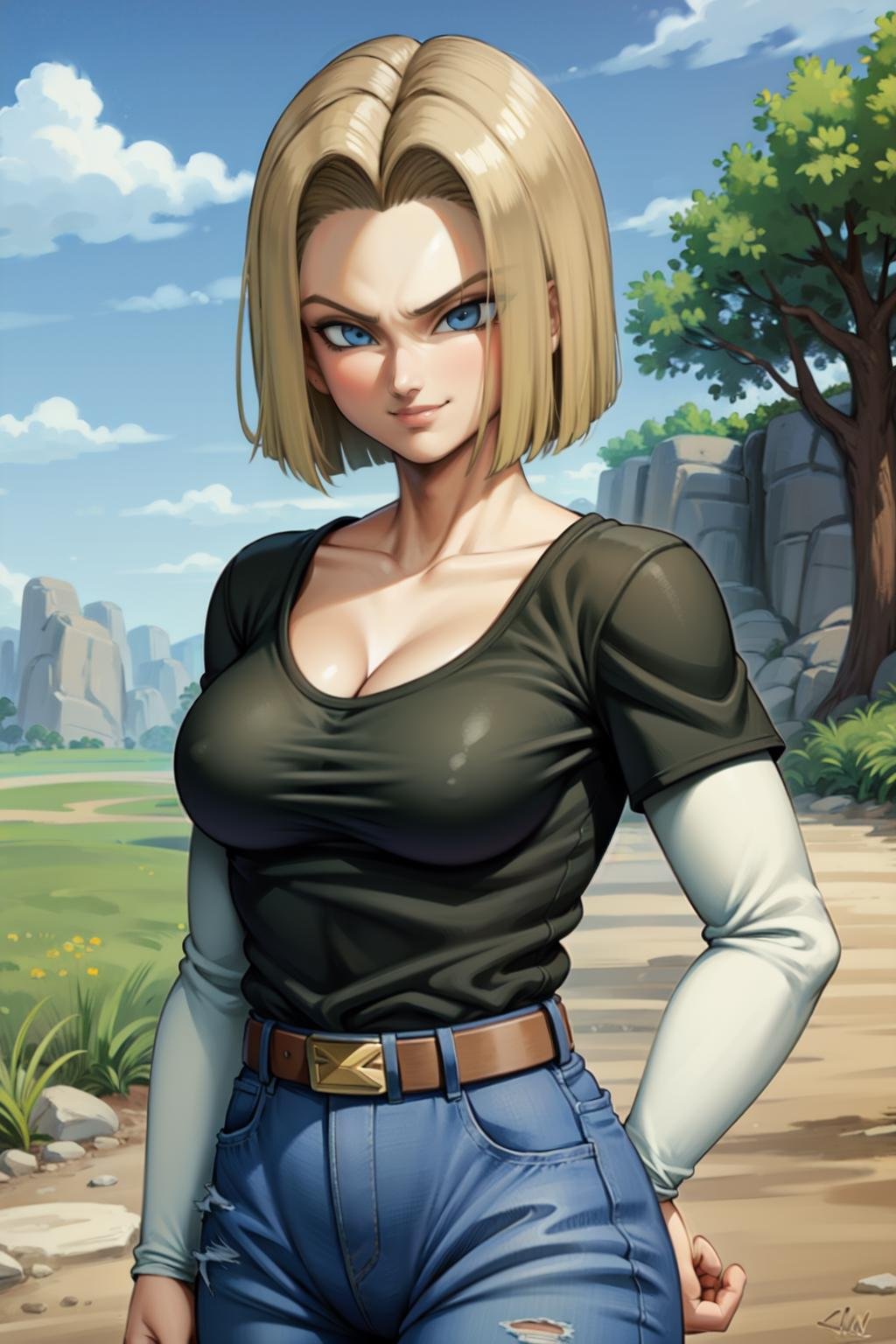 (8k, best quality, masterpiece:1.2),blue sky,rocky grassfields,1girl,android 17, (black shirt), cleavage, jeans,brown belt,layered shirt,white sleeves,((blonde hair)), blue eyes, parted hair, short hair,upper body, evil smile, looking at viewer