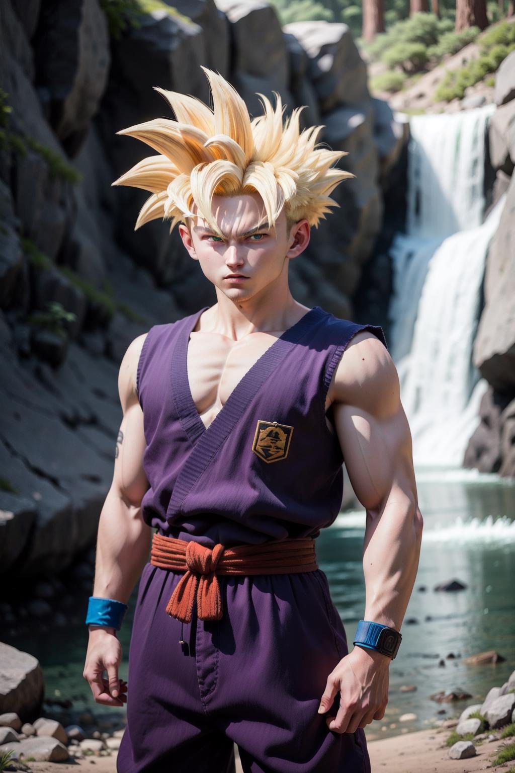 super saiyan, 1boy, blonde hair, green eyes,naked purple dougi,standing,cowboy shot, serious, purple pants, blue wristband, red sash, sleeveless,looking at viewer,japanese forest, cliff,arms at sides,(best quality, masterpiece,realistic, photorealistic) <lora:hipoly_3dcg_v7-epoch-000012:0.5> 