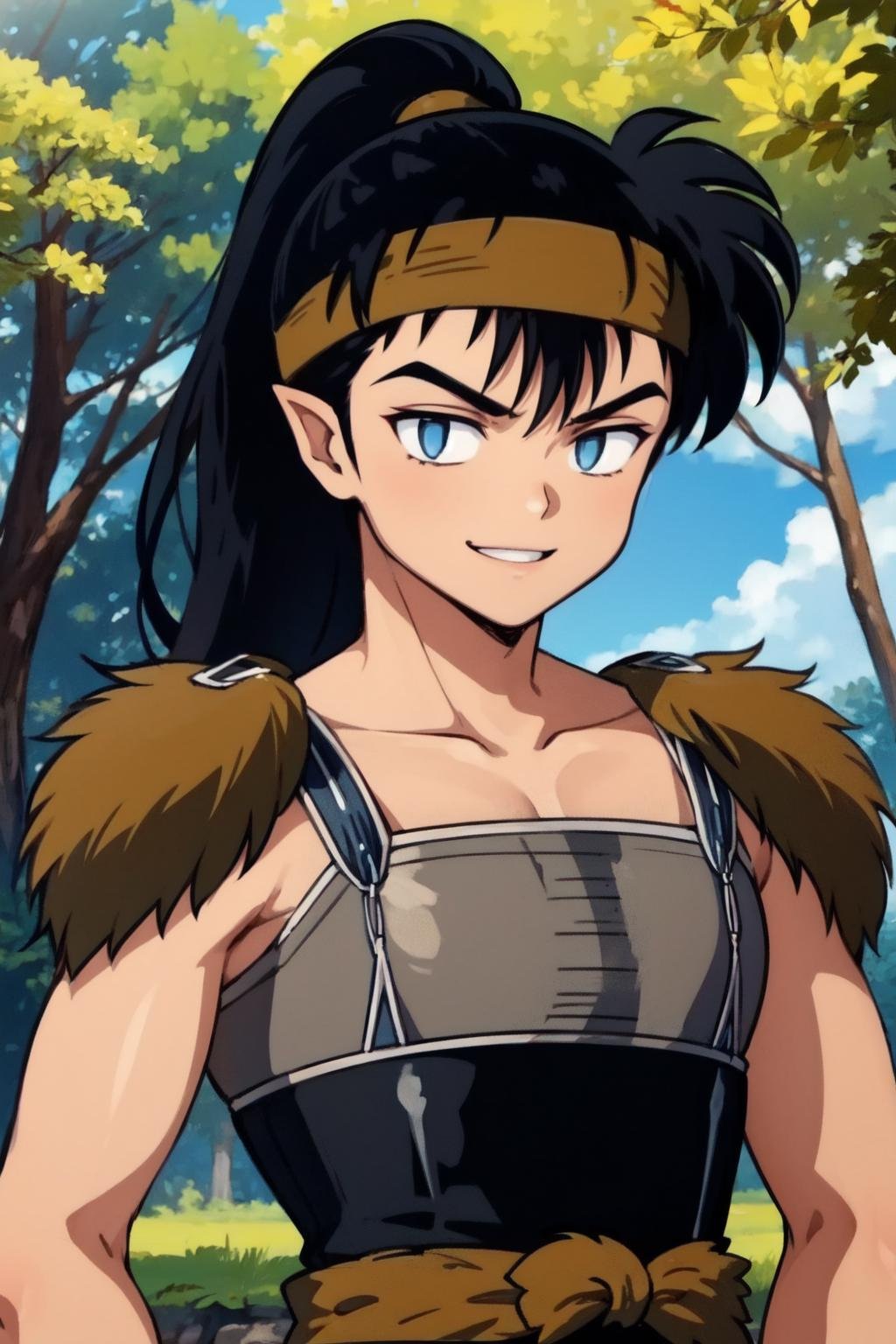 koga, 1boy, black hair, solo,upper body, pointy ears, male focus, long hair, blue eyes, ponytail, light brown headband, smile, upper body, cuirass, nature, forest, fur shoulder pads, official style, (best quality, masterpiece:1.2)