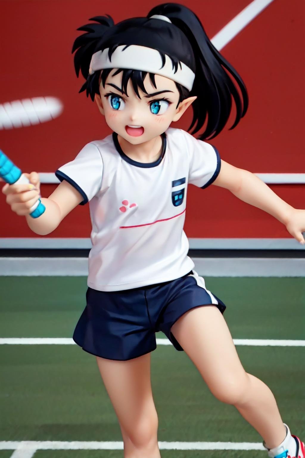 koga.1boyl, (AS-YoungestV2:1.3), solo,blue eyes, black hair, ponytail,pointy ears, playing tennis, white shorts, white t-shirt,t short sleeves, tennis court, (white headband:1.1),happy, white tennis shoes,tennis racket, (best quality, masterpiece) <lora:koga_v1:1> 