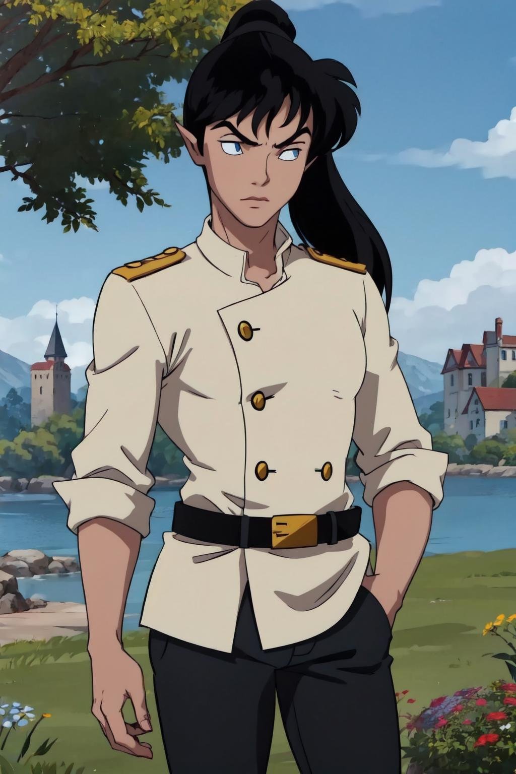 inusen,koga,1boy,blue eyes, black hair, ponytail,pointy ears,whitee prince outfit,(closed white jacket),black pants,double-breasted,collared jacket,gold trim,military uniform,high collar,black belt,belt buckle,(castle on the background), tree,blue sky, moat,flowers, (best quality, masterpiece) <lora:koga_v1:1>  <lora:inusen_v1:1> 