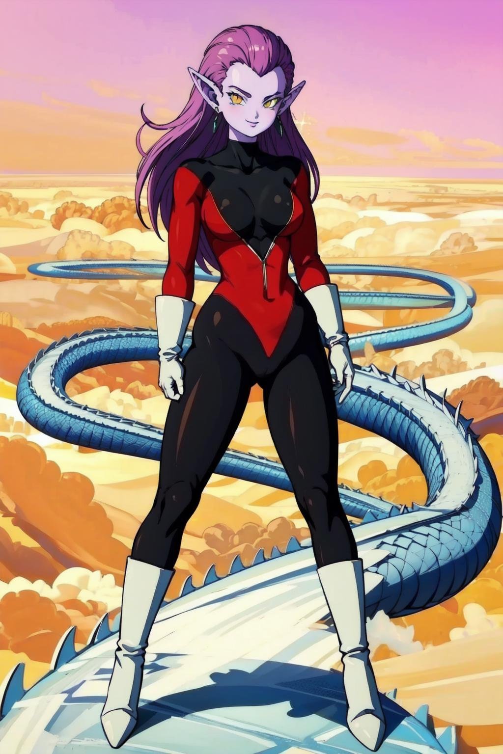 cocotte, 1girl, solo, snakeway, road, scales, yellow cloud,pink sky, earrings, pointy ears,full body, (long hair), yellow eyes, bodysuit, purple hair, white gloves, purple lips, smile, looking at viewer, purple skin, medium breasts, hands on hips,contrapposto, white boots, on road, (best quality,masterpiece )  <lora:cocotte_v1:1> <lora:otherworld_v1:1> 