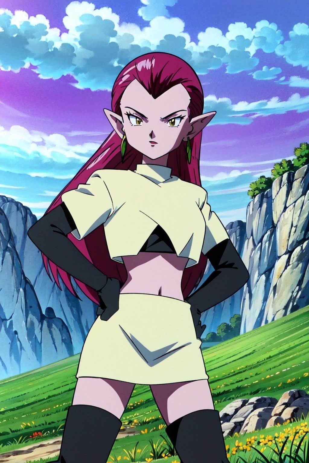 pokemovies, cocotte, 1girl, solo,purple skin,cowboy shot,team rocket, white crop top, white miniskirt, (black elbow gloves, black thigh boots), pointy ears,long hair, yellow eyes, purple hair,hair slicked back, purple lips, hand on hip, hand up,open hand, grass, blue sky, earrings, puffy short sleeves,  (best quality,masterpiece )  <lora:cocotte_v1:1>  <lora:pokemovies_v1:1> 