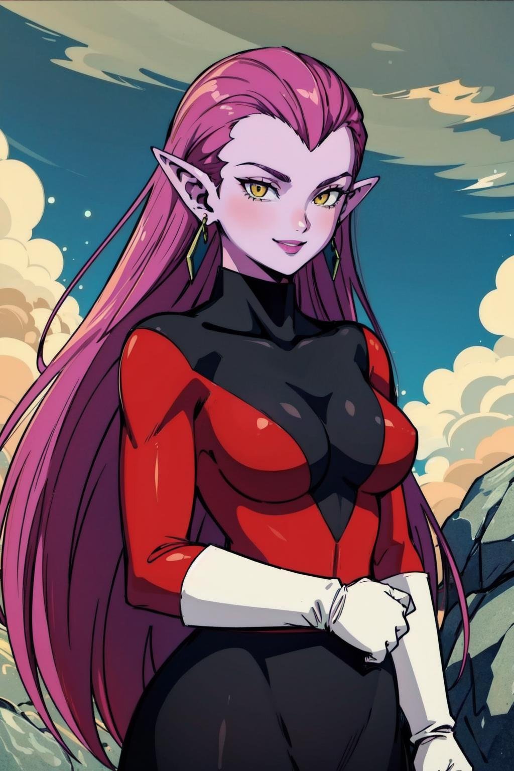 cocotte, 1girl, solo, earrings, pointy ears,(upper body:1.5), long hair, yellow eyes, bodysuit, purple hair, white gloves, space, rocks, dark clouds, purple lips, smile, looking at viewer, purple skin, standing, medium breasts,  (best quality,masterpiece ) 