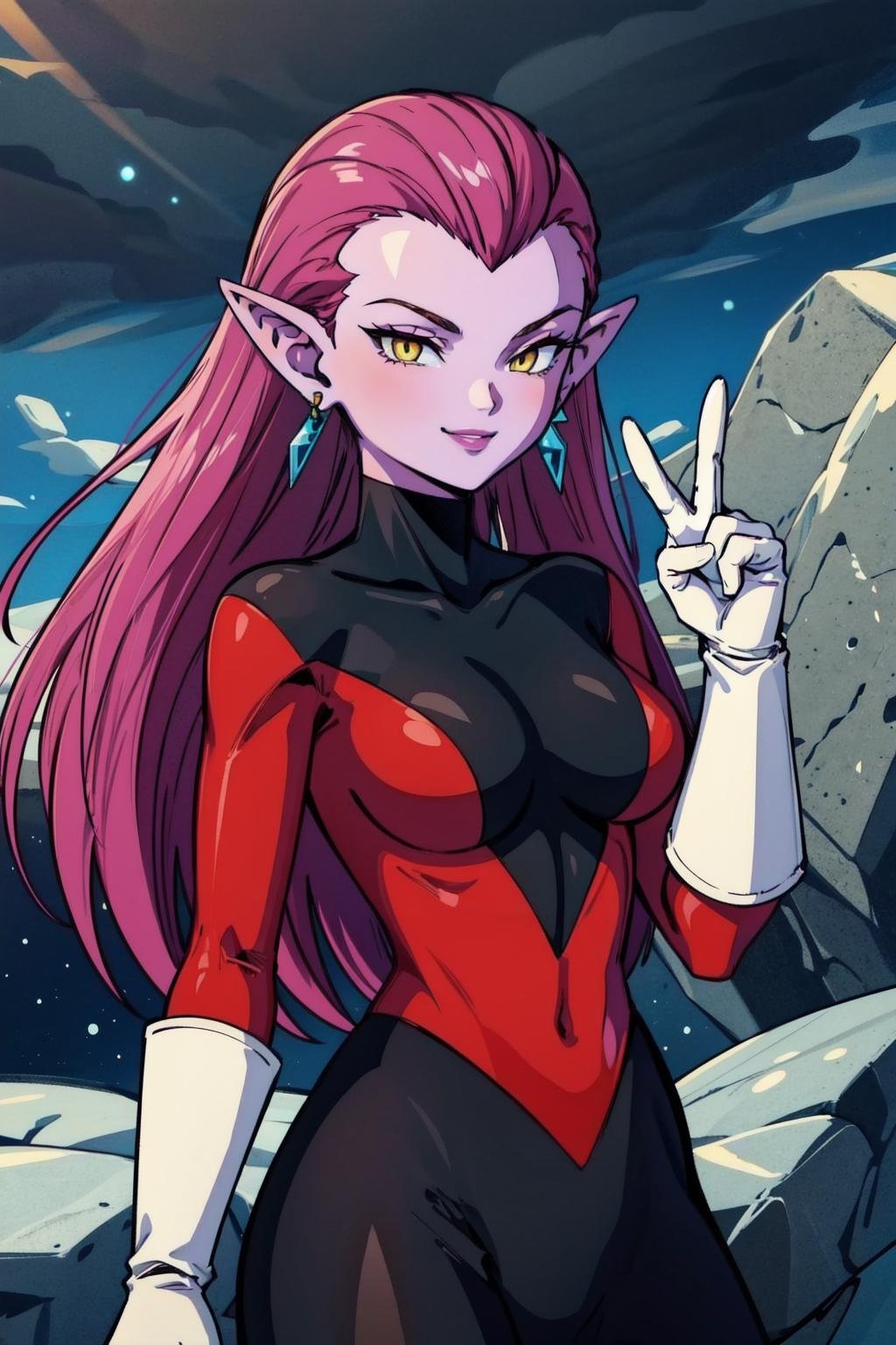 cocotte, 1girl, solo, earrings, pointy ears,(upper body:1.5), long hair, yellow eyes, bodysuit, purple hair, white gloves, space, rocks, dark clouds, purple lips, smile, looking at viewer, purple skin, standing, medium breasts,  peace sign, v, (best quality,masterpiece ) 