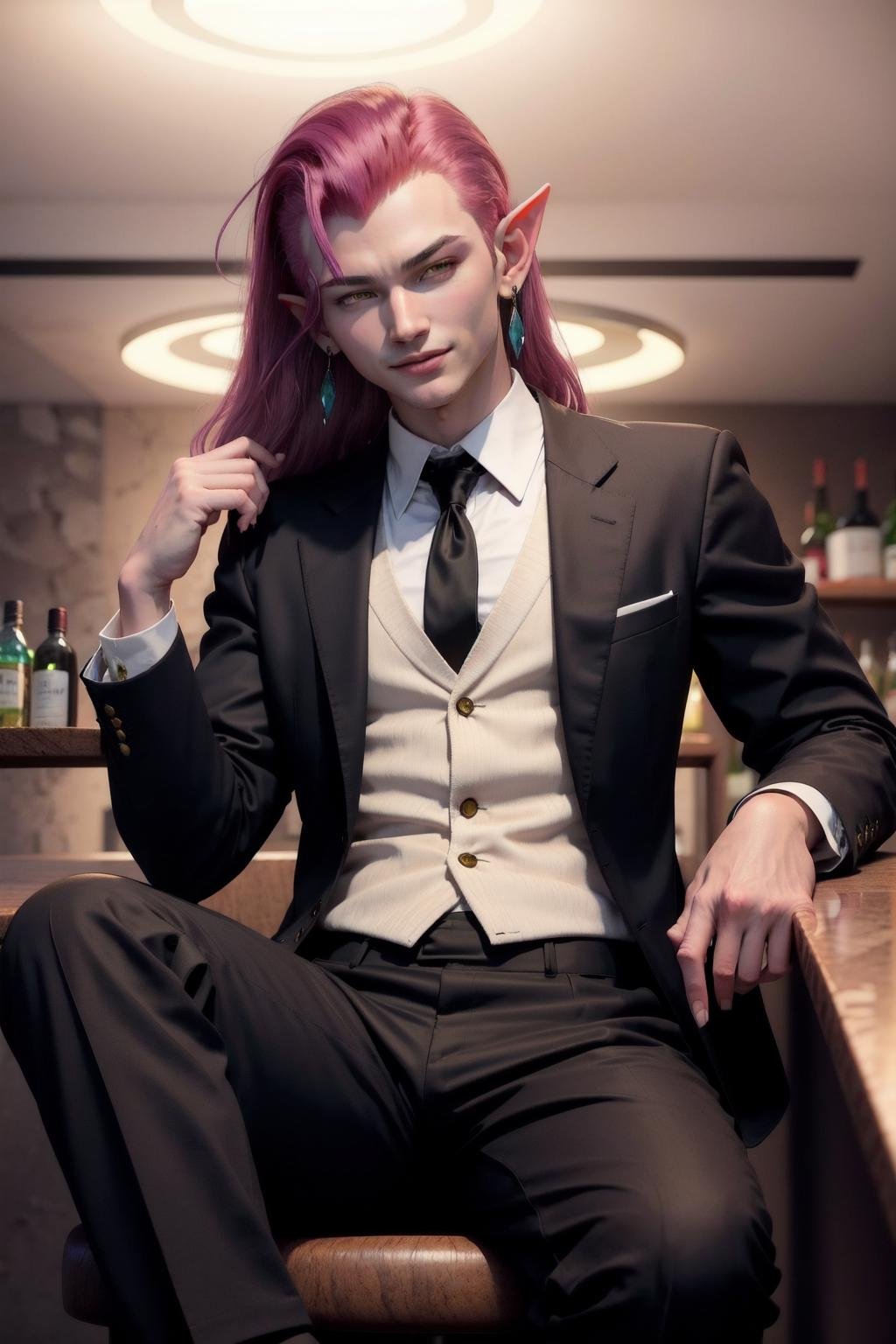 cocotte, (1boy,male focus), solo,purple skin, pointy ears,long hair, yellow eyes, purple hair, purple lips, smirk, looking at viewer,(black suit),white collared shirt, black blazer, black necktie,sitting, bar, indoors,earrings  (best quality,masterpiece )  <lora:cocotte_v1:1> <lora:hipoly_3dcg_v7-epoch-000012:0.5> 