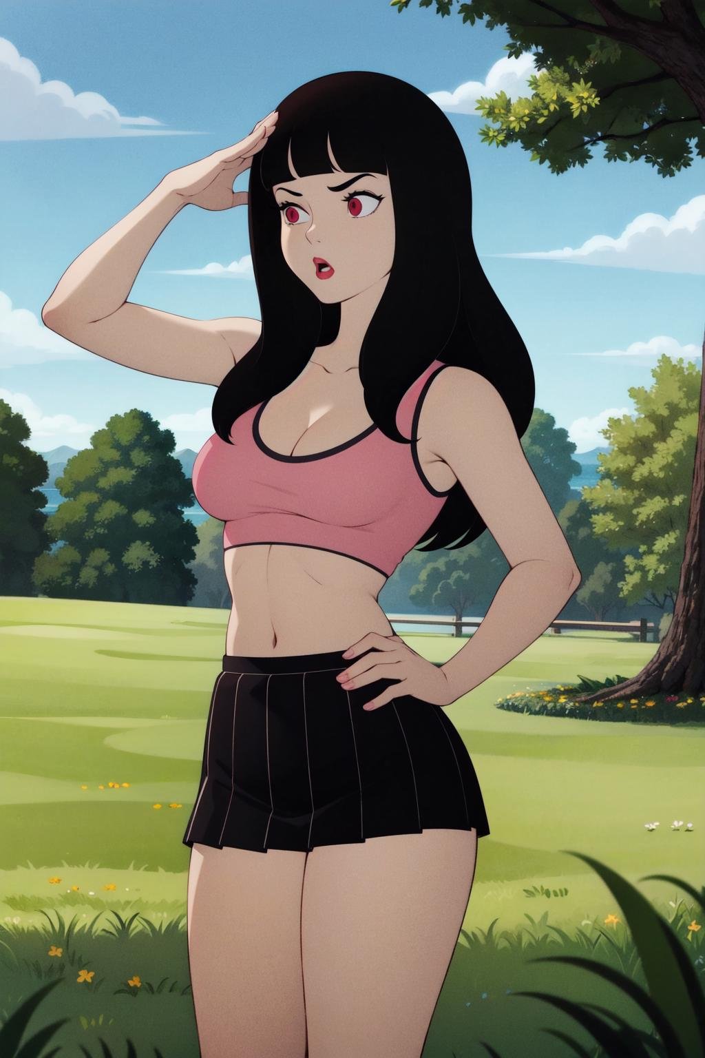 8k, best quality, masterpiece:1.2,inusen, flat color, finely detailed, detailed illustration,intricate,sky, grass, tree,brown ground,solo,1girl,pink t-shirt, crop top, black pleated skirt,pink eyes,black hair,(blunt bangs),standing, surprised,looking afar, medium breasts,long hair,cleavage,(salute:0.5),(hand on forehead:1.2), :o,looking to the side,spikes,(arm at side) <lora:inusen_v0_1_06wd_prod:1>