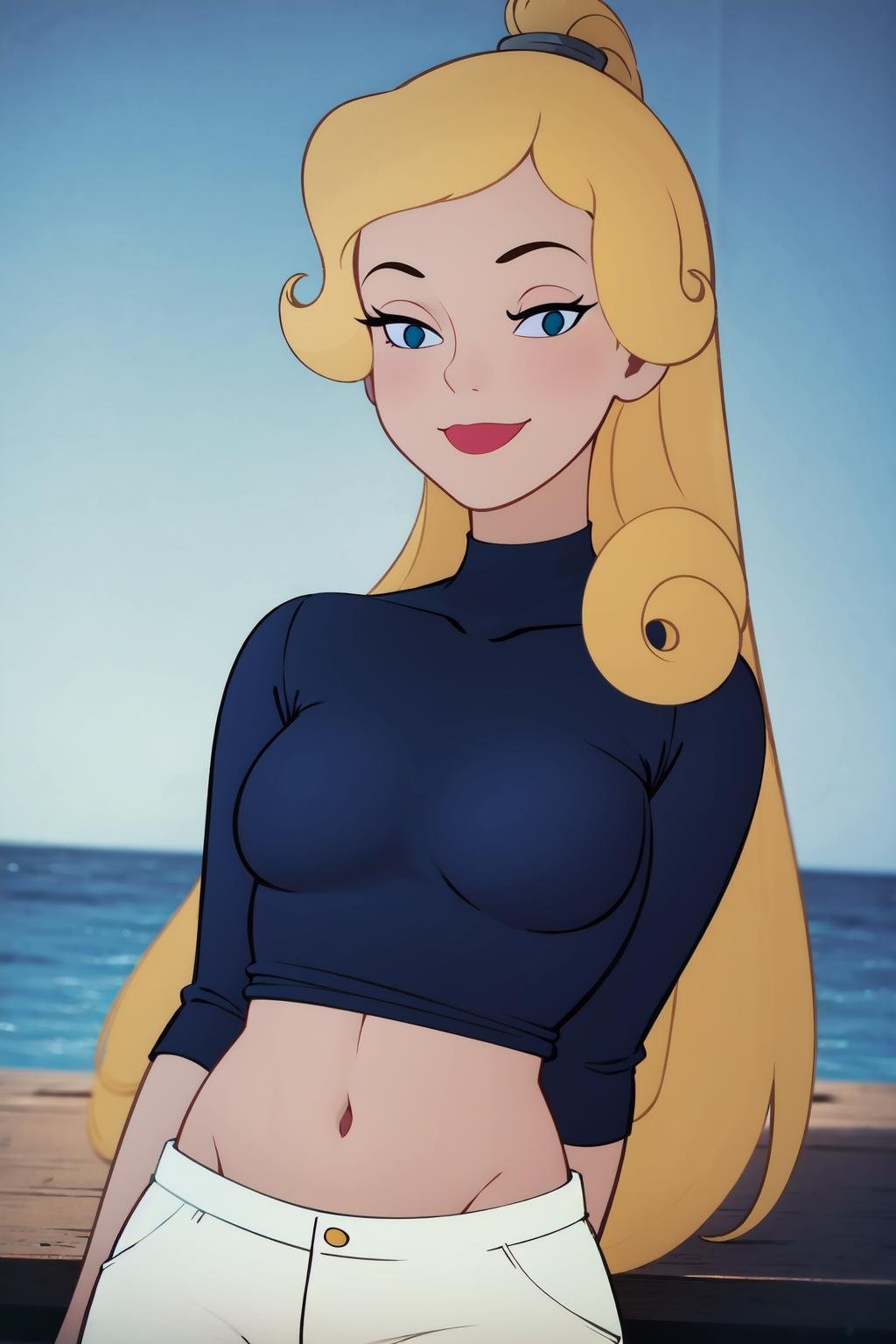 best quality,masterpiece,inusen,flat color, 1girl, solo, jet hair, very long hair , cream Short Pullover , smile,navy eyes, upper body shot,powerplant , white Bell bottom pants , Short shorts