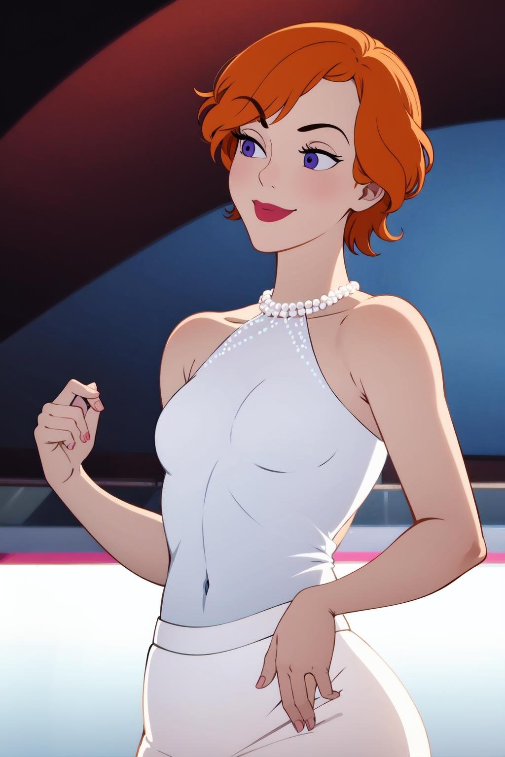 best quality,masterpiece,inusen,flat color, 1girl, solo, tangerine hair, short hair , red One Shoulder , smile,khaki eyes, upper body shot,skating rink , white Pant skirt , Pearls