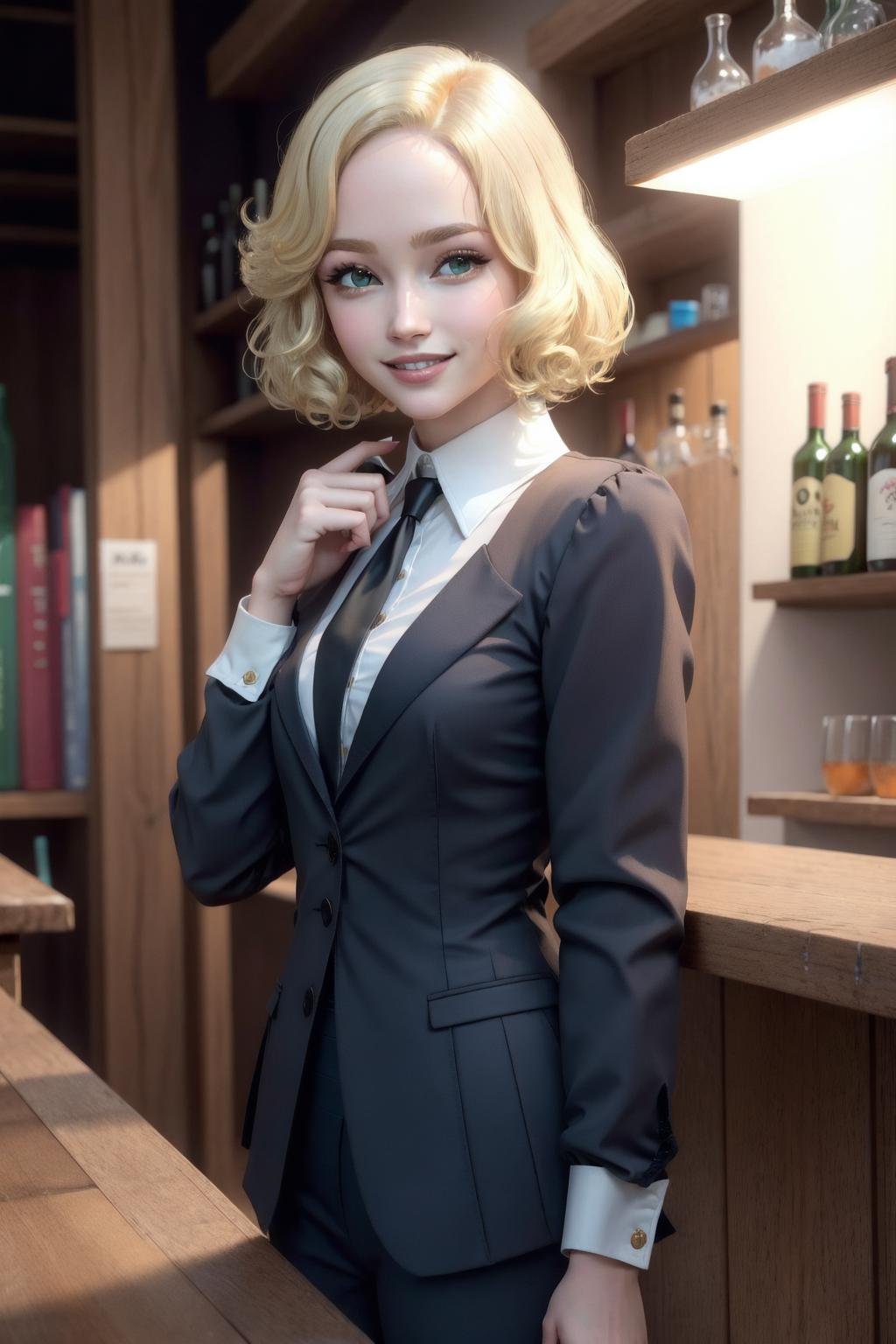 maria renard, 1girl, solo, blonde hair,green eyes,short hair,bare neck,naked neck,black suit,black blazer, white collared shirt, black pants, black necktie,night,bar,smile,hand on own chin,(best quality, masterpiece)  <lora:maria_renard_v1:0.8>  <lora:hipoly_3dcg_v7-epoch-000012:0.5> 