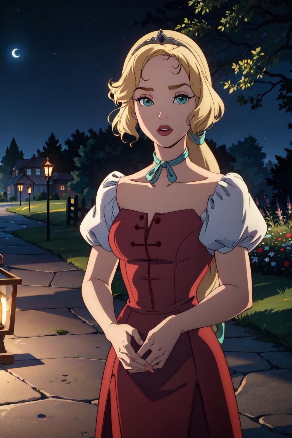 inusen,maria renard, 1girl, solo,cowboy shot, blonde hair,green eyes,long hair, low ponytail,red long dress,short sleeves,bare neck,naked neck, princess, tiara,night,dappled moonlight,outdoors, tree,nature,town, dirt road,green hair ribbon,(best quality, masterpiece)  <lora:maria_renard_v1:0.8>  <lora:inusen_v1:0.8> 