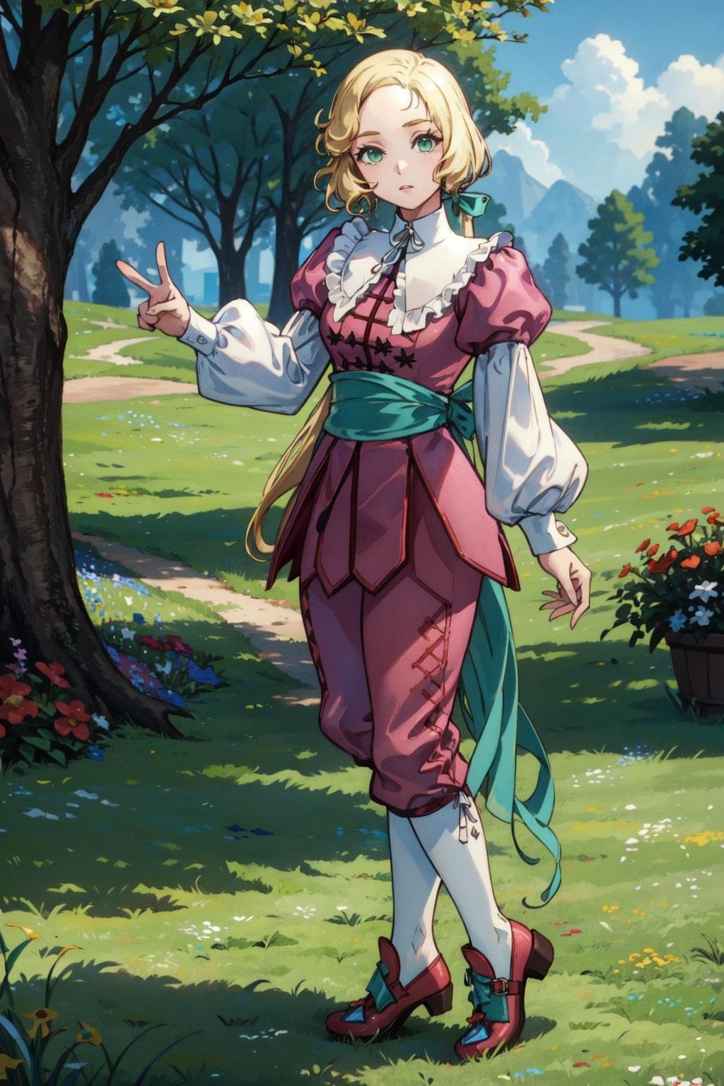 maria renard, 1girl, solo,full body, blonde hair,green eyes,long hair, low ponytail, pink pants, pink shirt, white detached collar,green sash,white kneehighs, red shoes,puffy long sleeves ,medium breasts,peace sign, arm at side,looking at viewer, grass, forest,flowers, (best quality, masterpiece)