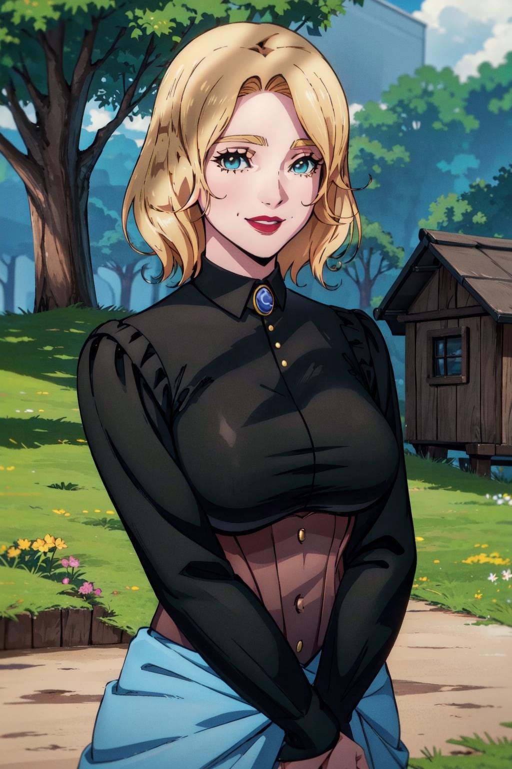 tera and mature female, 1girl, solo,dappled sunlight,anime coloring,cowboy shot,looking at viewer,blonde hair,short hair, green eyes, (black collared dress), brown corset, blue skirt, blue brooch, red lips,tree, grass, forest,flowers,wooden house,smile, v arms, (best quality, masterpiece)