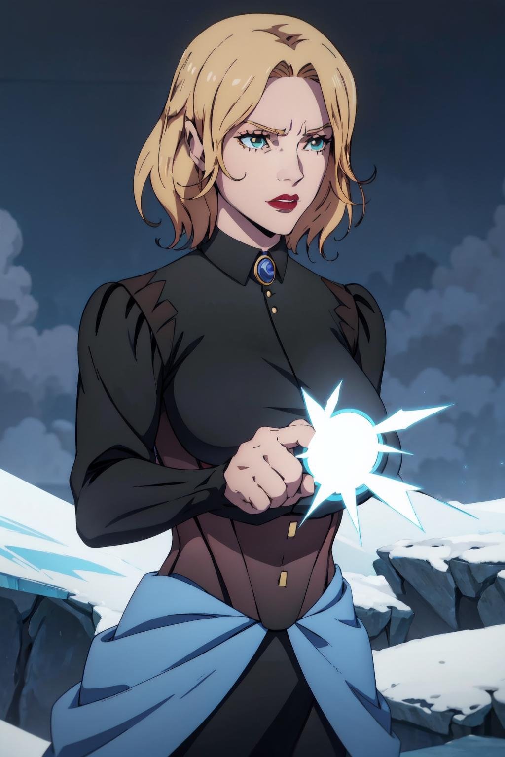 tera, blonde hair, 1girl, long sleeves, green eyes, solo, blue brooch, black collared dress, short hair, closed mouth, outdoors, night, red lips, blue skirt, anime coloring, fighting stance, serious, mature female, magic, cowboy shot, white light, ice, brown corset, (best quality, masterpiece) <lora:tera_v1:1>