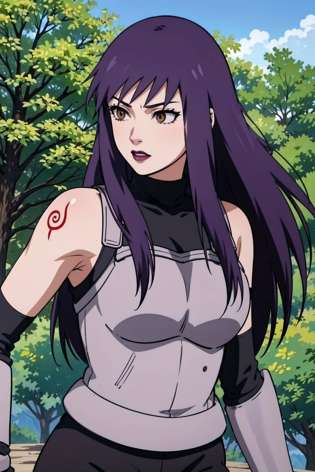 yuugao,1girl,solo,upper body,purple hair, brown eyes,long hair,sidelocks,grey armor,grey arm guards,black elbow gloves,black shirt, sleeveless,turtleneck,purple lips,outdoors, standing on top of a tree,leaves,black pants,red arm tattoo,(best quality, masterpiece:1.2)