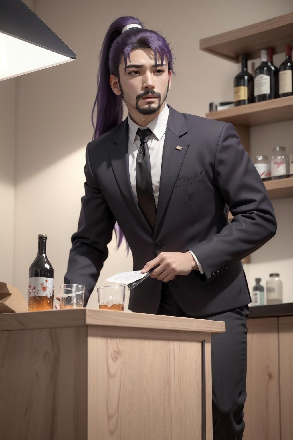 yuugao,1boy,male focus, solo,night,dark,purple hair, brown eyes,long hair,ponytail,black suit, black blazer, white collared shirt, black pants, black necktie, bar,facial hair,black furniture, dark room, counter, shelf, glass, bottles, (best quality, masterpiece) <lora:yugao_v1:1> <lora:hipoly_3dcg_v7-epoch-000012:0.5> 