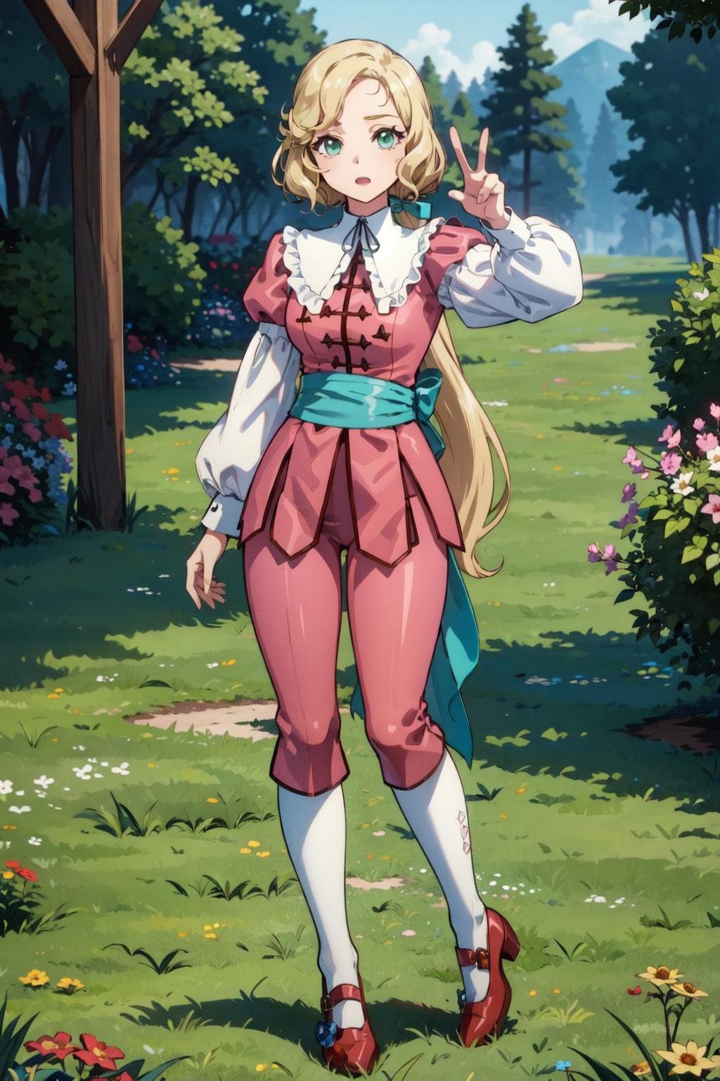maria renard, 1girl, solo,full body, blonde hair,green eyes,long hair, low ponytail, pink pants, pink shirt, white detached collar,green sash,white kneehighs, red shoes,puffy long sleeves ,medium breasts,peace sign, arm at side,looking at viewer, grass, forest,flowers,green hair ribbon, (best quality, masterpiece)