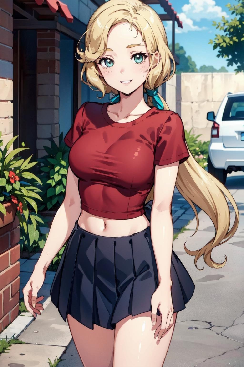 maria renard, 1girl, solo,cowboy shot, blonde hair,green eyes,long hair, low ponytail,red t-shirt, (black pleated skirt), walking on a street , smile,medium breasts,arms at sides, arm at side,looking at viewer,heart, (best quality, masterpiece)<lora:maria_renard_v1_1:1>