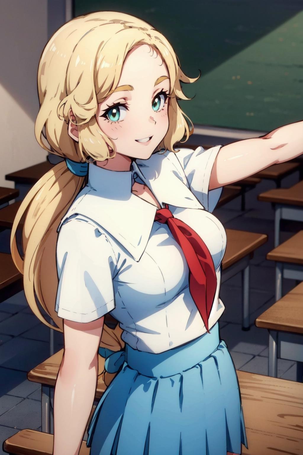 maria renard, 1girl, solo,cowboy shot, blonde hair,green eyes,(blue pleated skirt),(white collared shirt),long hair, low ponytail,sailor uniform,serafuku,(red neckerchief),(blue detached collar), classroom, school desk , smile,medium breasts,arms at sides, arm at side,looking at viewer, (best quality, masterpiece)<lora:maria_renard_v1_1:1>
