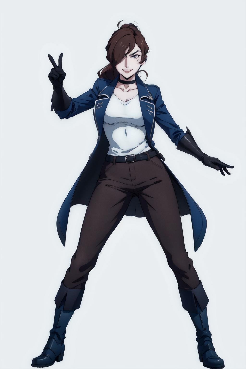 julia belmont,1girl,solo, white background, full body, black boots, black gloves,brown pants, (black multiple belts:1.1), white shirt, blue long coat, black choker, short hair, short ponytail, brown hair, purple eyes,standing, peace sign, arm at side,hair over one eye, smile, (best quality, masterpiece)  <lora:julia_belmont_v1:1>